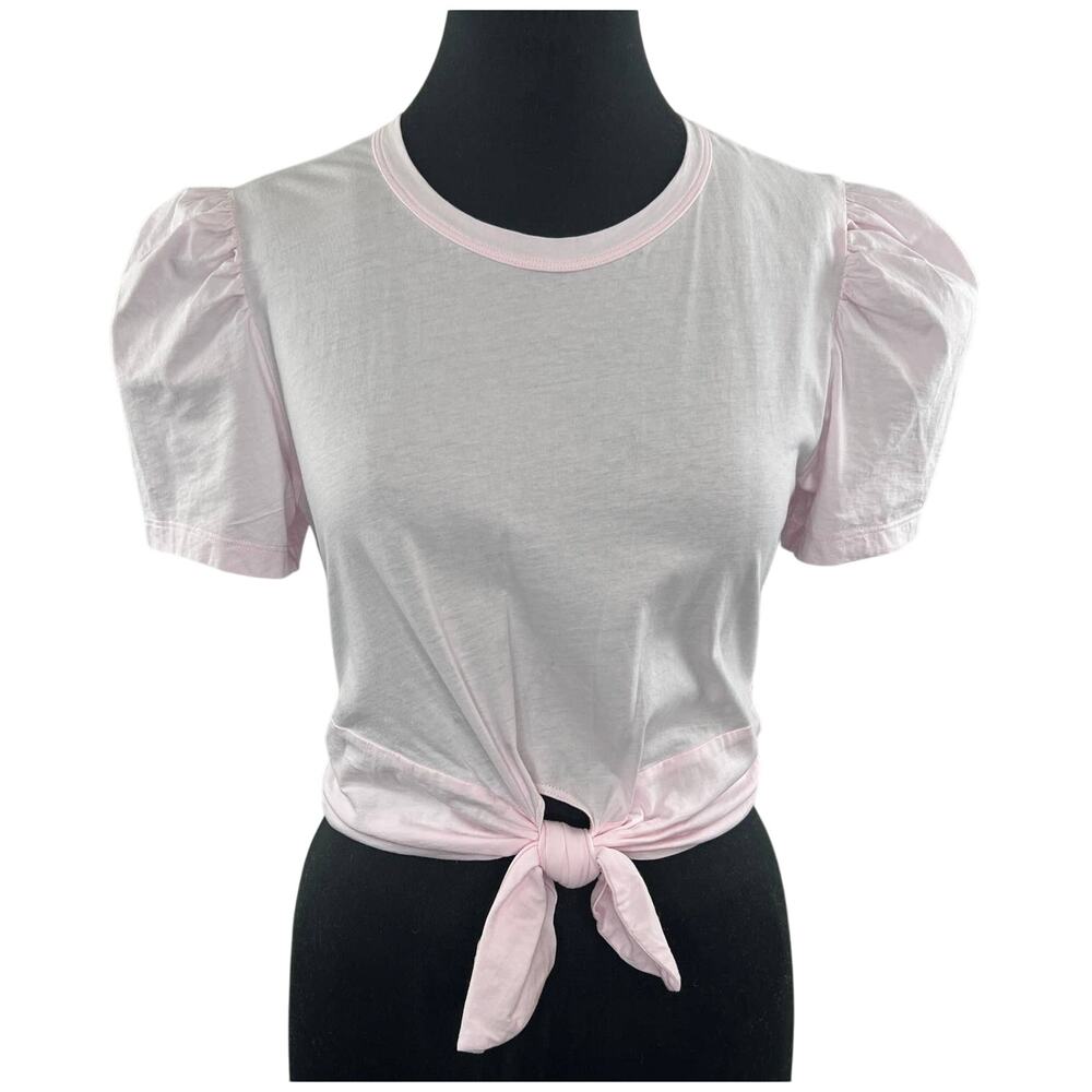 A.L.C. Light Pink Blush Crew Neck Short Puff Sleeve Tie Hem Cotton Shirt Top S